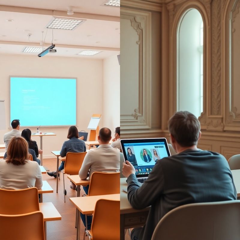 Skupinový workshop v Bratislave a účastník online webinára na notebooku